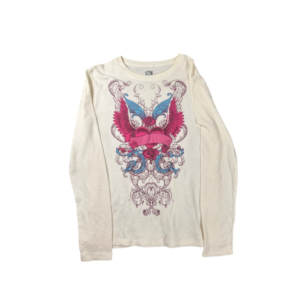 FRZ Y2K Waffle Knit Thermal Graphic Long Sleeve Top Cream XL 15-17 Winged Heart